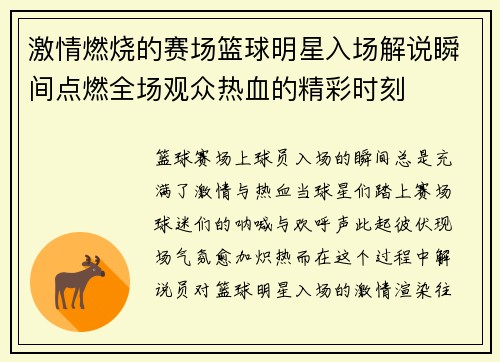 激情燃烧的赛场篮球明星入场解说瞬间点燃全场观众热血的精彩时刻